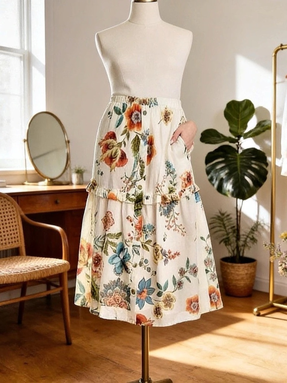 Johnny Was Ardell Tiered Ruffle Skirt Floral Skirt Cream & Blue Medium